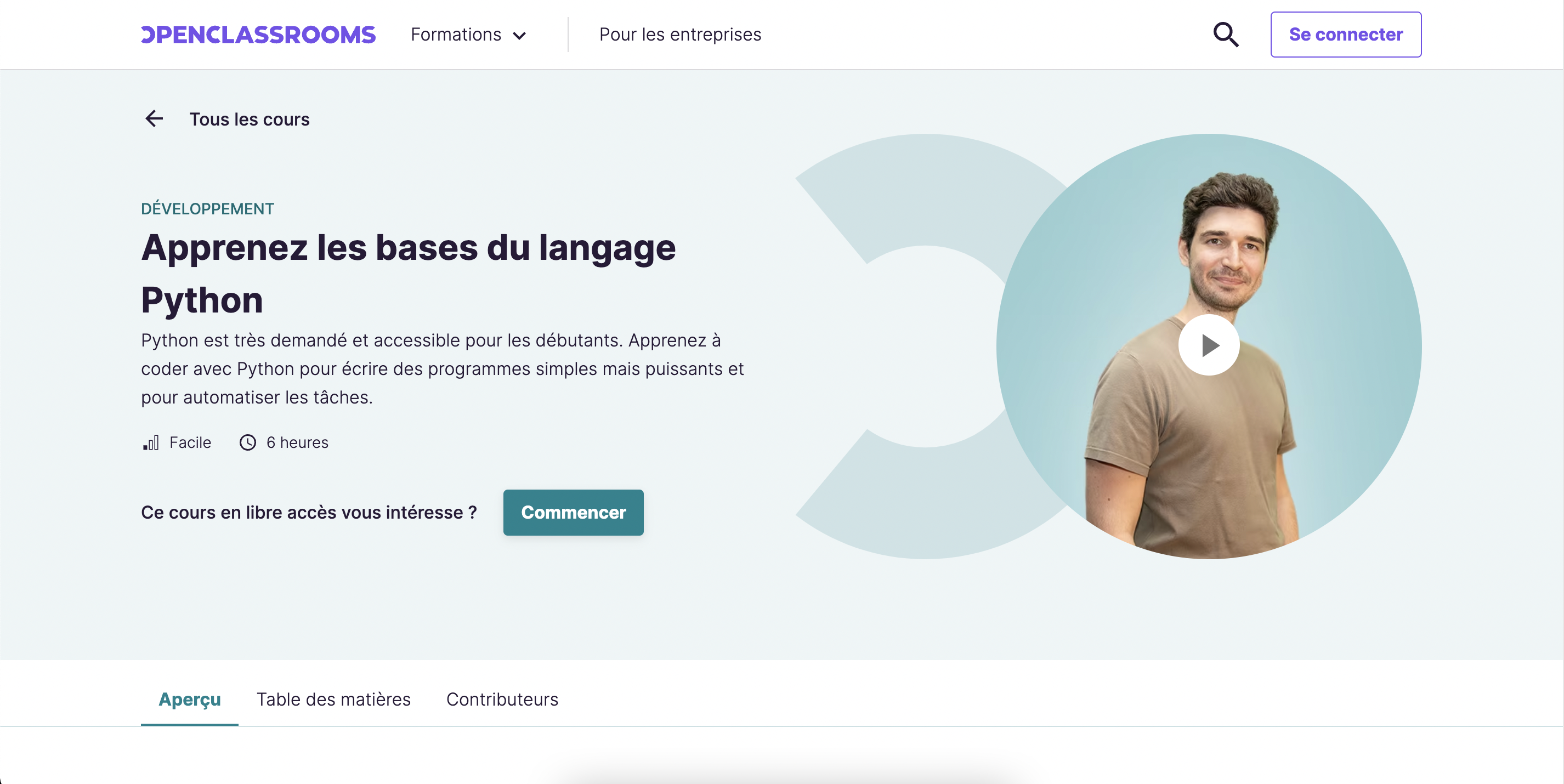 OpenClassroom's course page